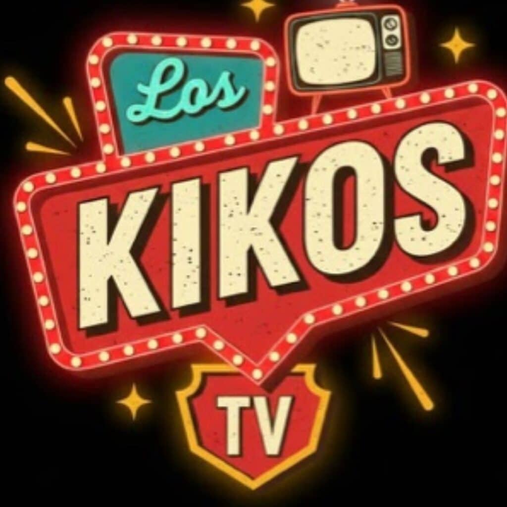 Logo de Los Kikos TV con luces y televisión vintage en fondo negro.