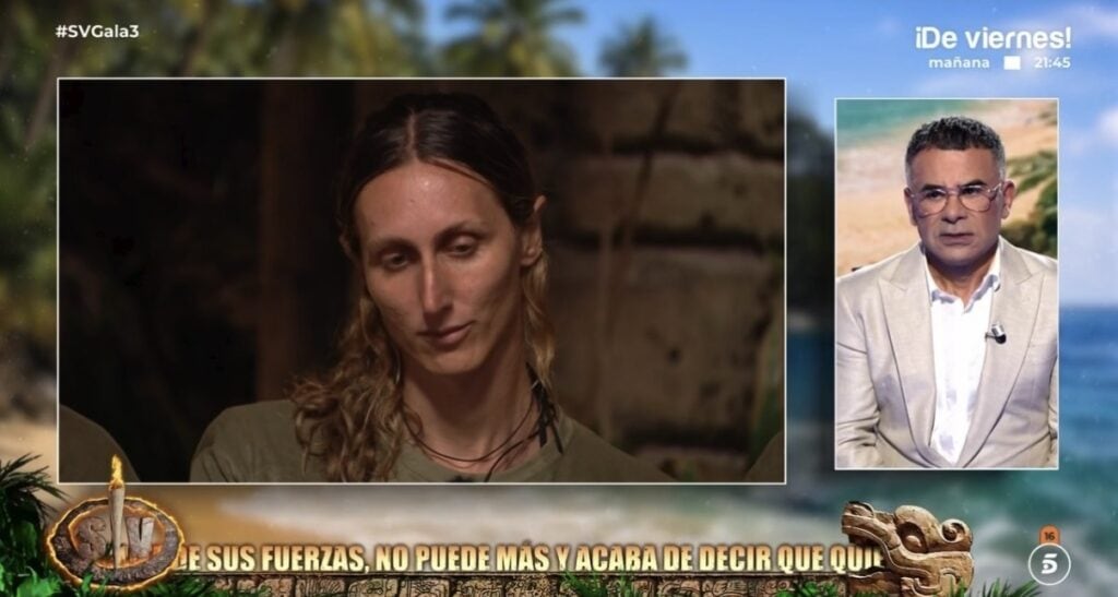 Una concursante de Supervivientes 2026 aparece en pantalla partida con Jorge Javier Vázquez mientras el rótulo anuncia que quiere abandonar