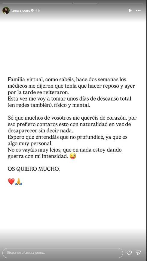 Tamara Gorro anuncia su retirada temporal de la vida pública por prescripción médica tras su reciente noviazgo con Cayetano Rivera