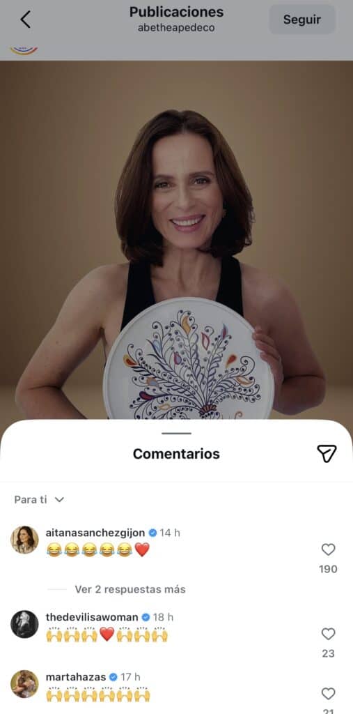 Captura del comentario de Aitana Sánchez-Gijón en la publicación de Instagram de Abe The Ape sobre su romance