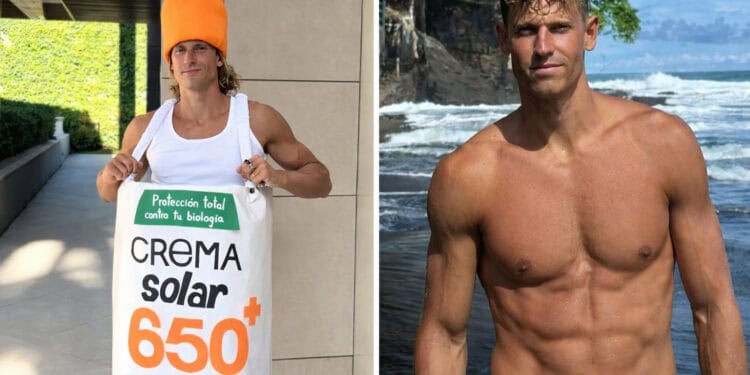 Marcos Llorente disfrazado de bote de crema solar, con los lemas contra los filtros químicos que exhibió