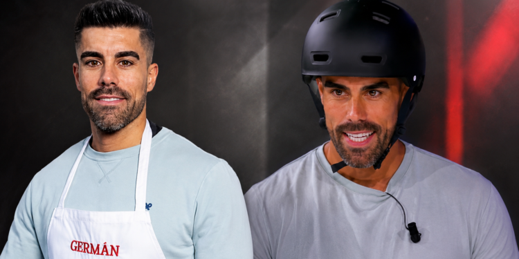 Germán, con el delantal de MasterChef y con el casco negro de 'Salta', en un montaje a doble imagen