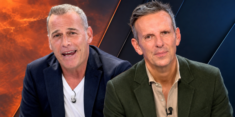 Carlos Lozano y Joaquín Prat, presentadores de Telecinco, en un montaje a doble imagen