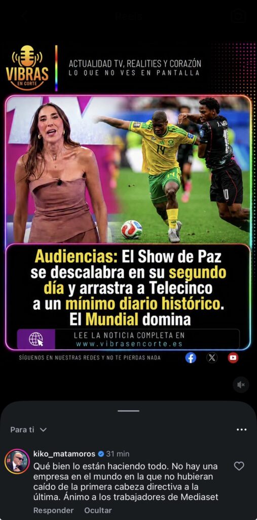 Publicación de Kiko Matamoros en Instagram con su crítica a la cúpula directiva de Mediaset tras el dato de audiencia